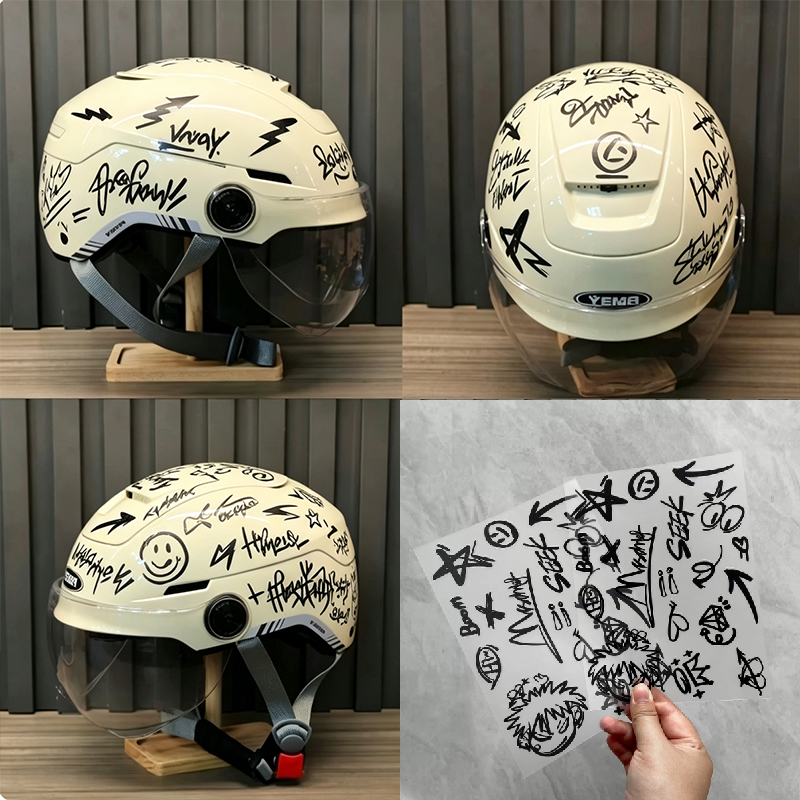 Scooter Helmet Set - 2 adet Punk Graffiti Motosiklet Kaskı